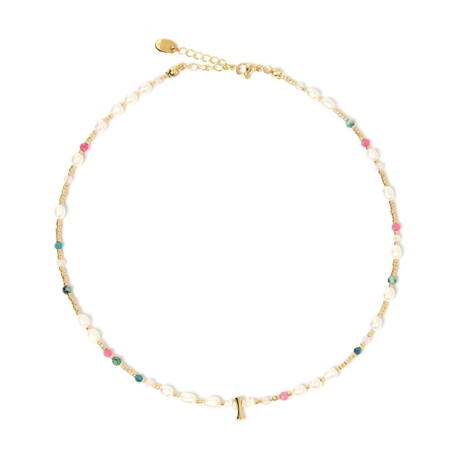 Beaded Gemstone and Pearl Initial Necklace 12