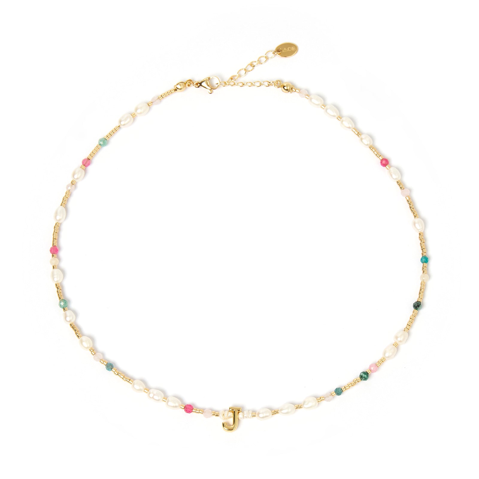 Beaded Gemstone and Pearl Initial Necklace 13
