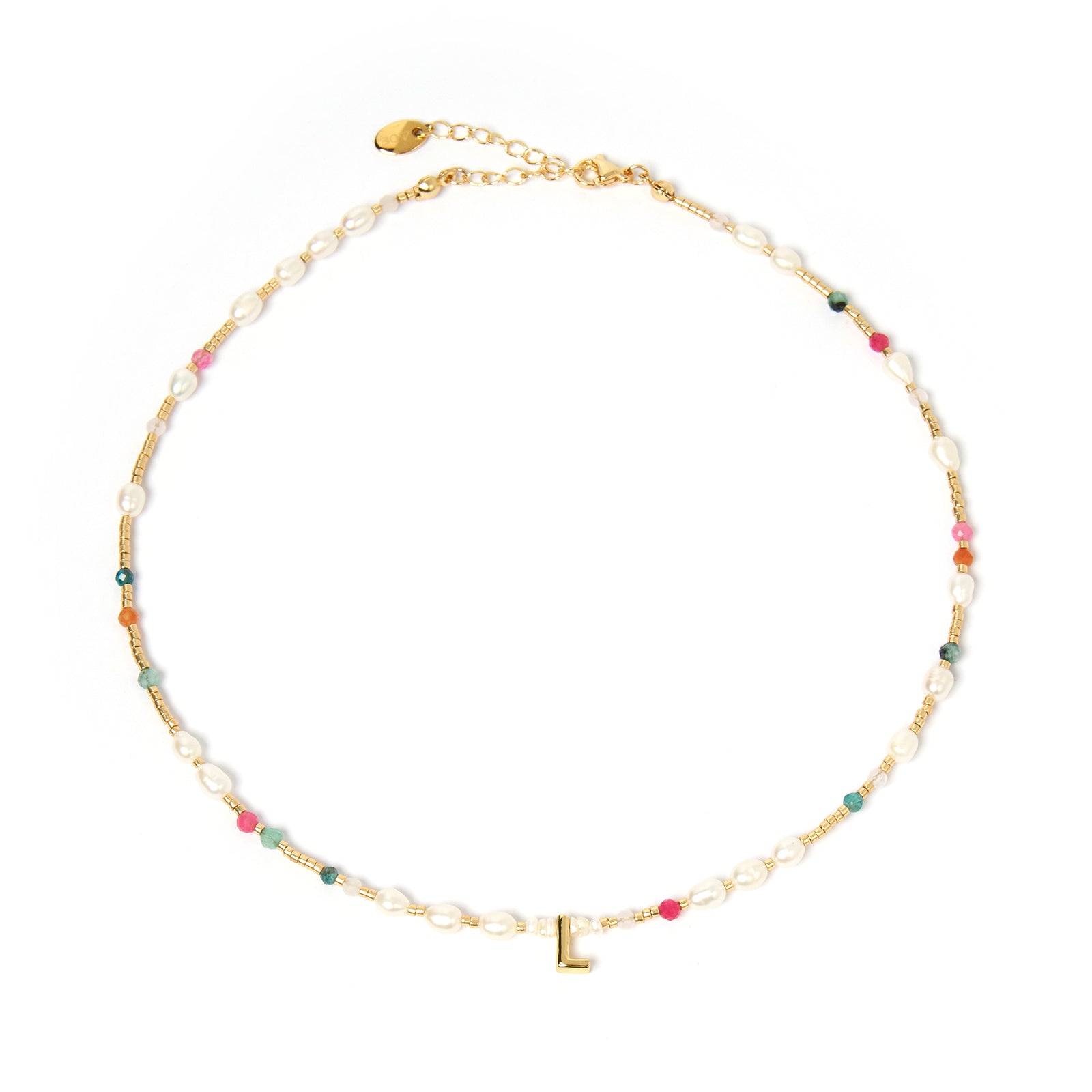 Beaded Gemstone and Pearl Initial Necklace 15