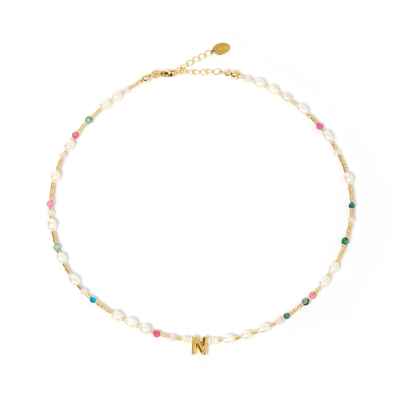 Beaded Gemstone and Pearl Initial Necklace 17