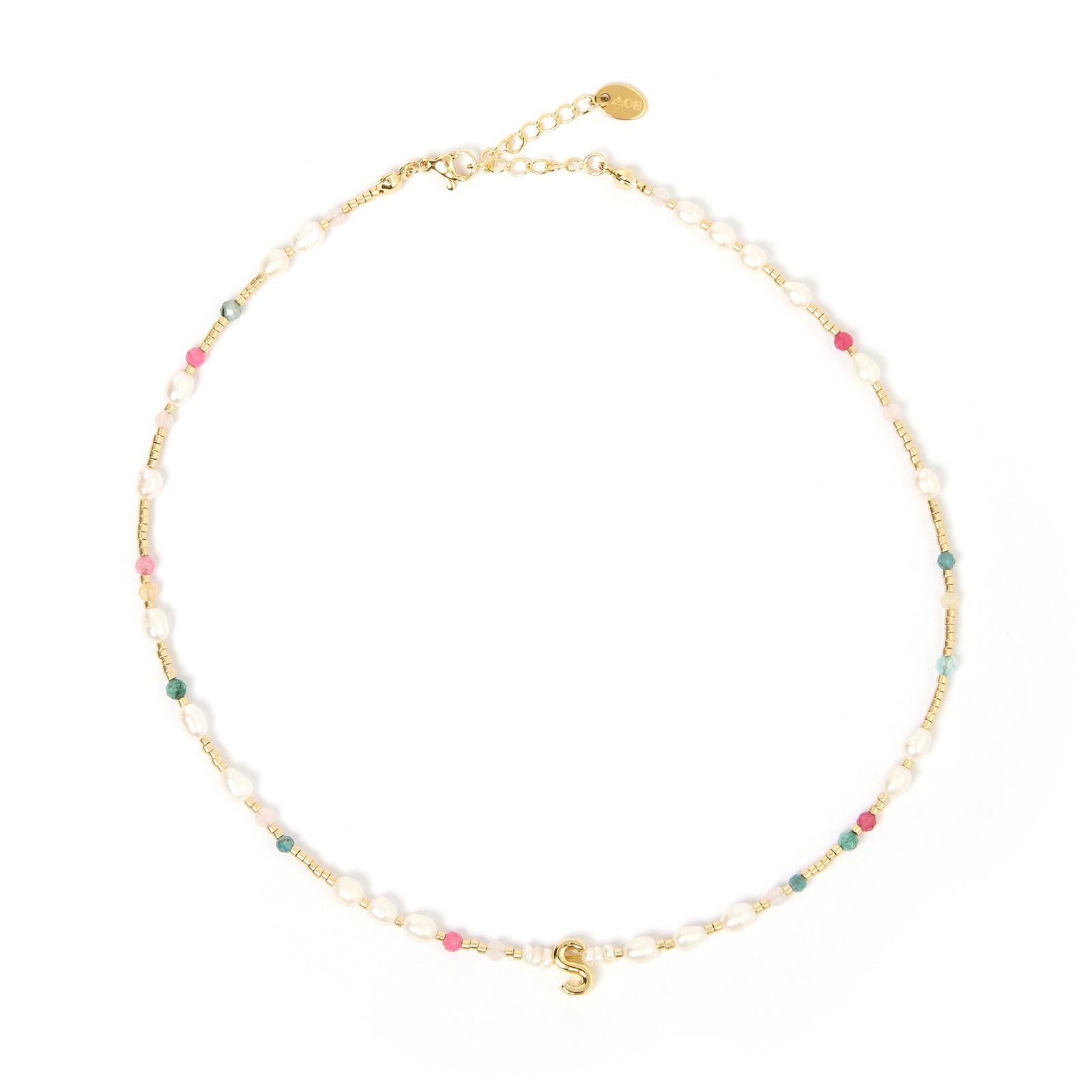 Beaded Gemstone and Pearl Initial Necklace 21