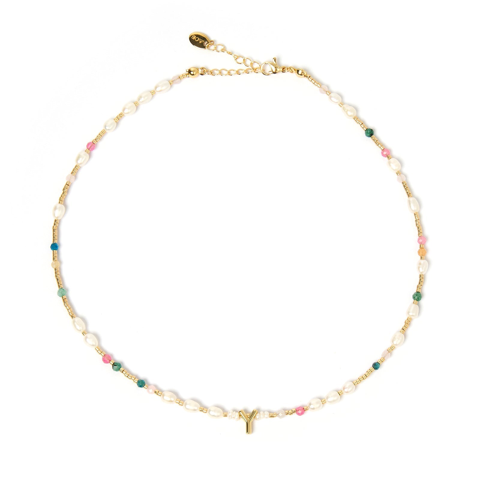 Beaded Gemstone and Pearl Initial Necklace 25