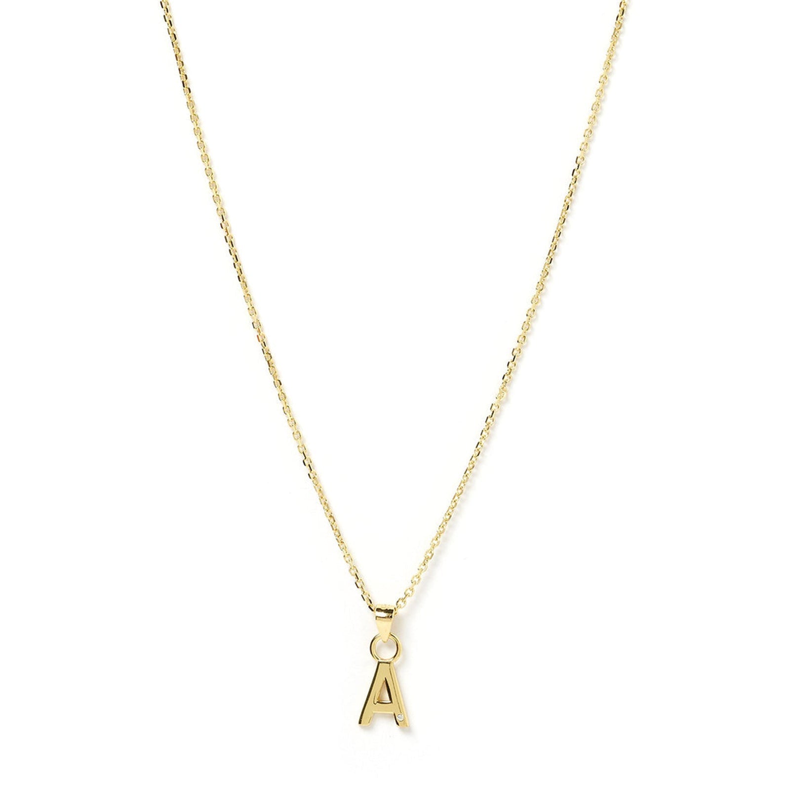 A gold chain necklace with A alphabet charm