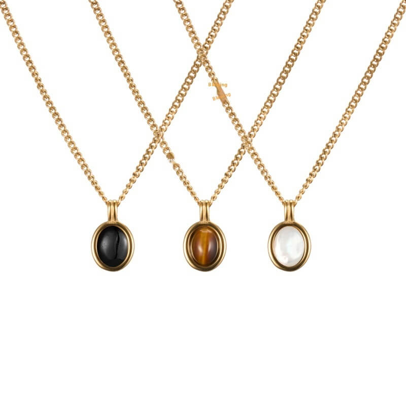 Onyx black and tiger eye gold chain pendant necklace