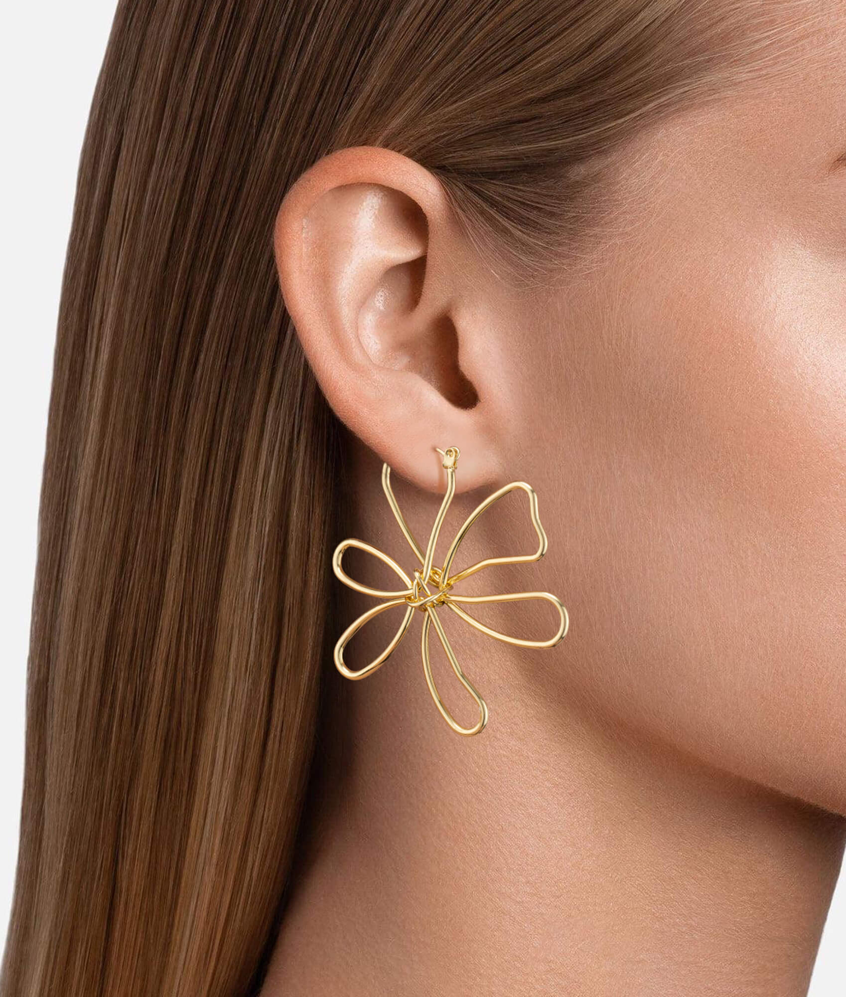 Gold Minimalist Flower Earrings On Model