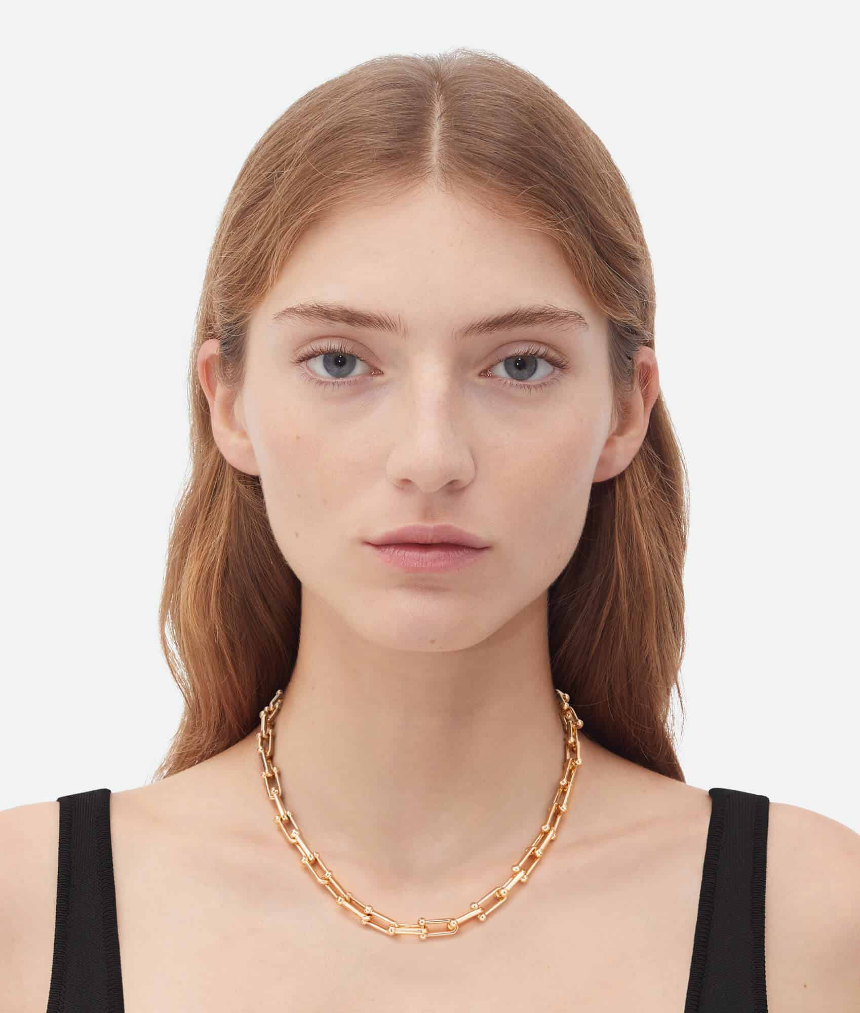 Model Wearing Gold D-Link Necklace