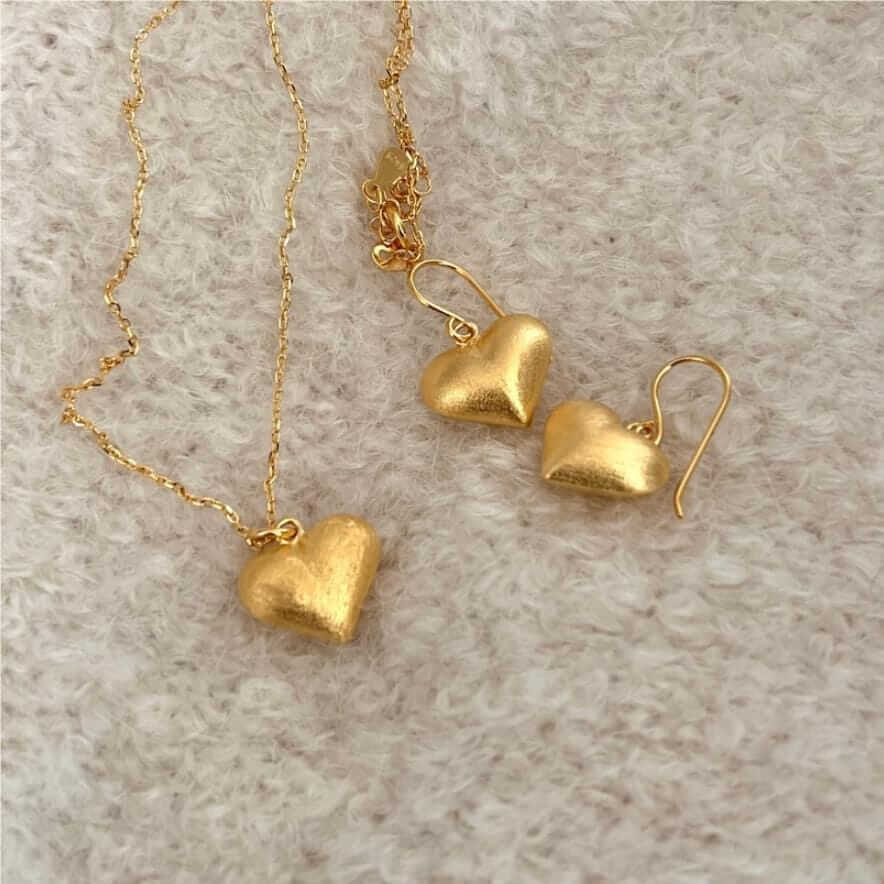 Brushed Heart Necklace and earrings Gold