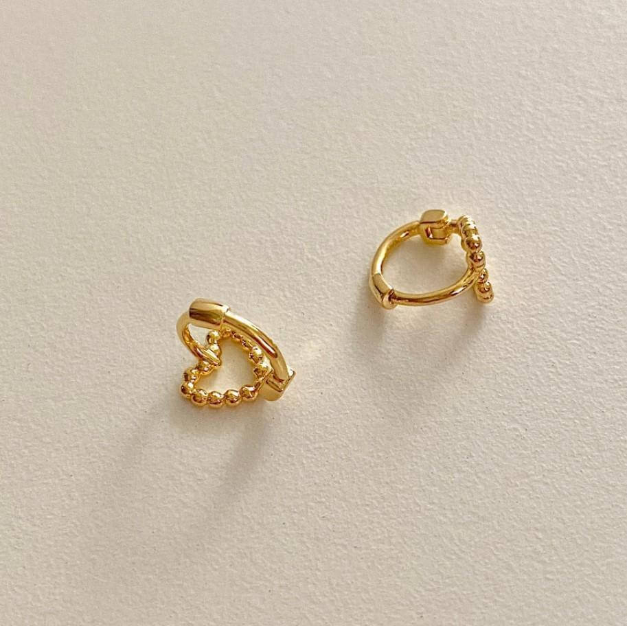 Gold Beaded Heart Huggie Earrings