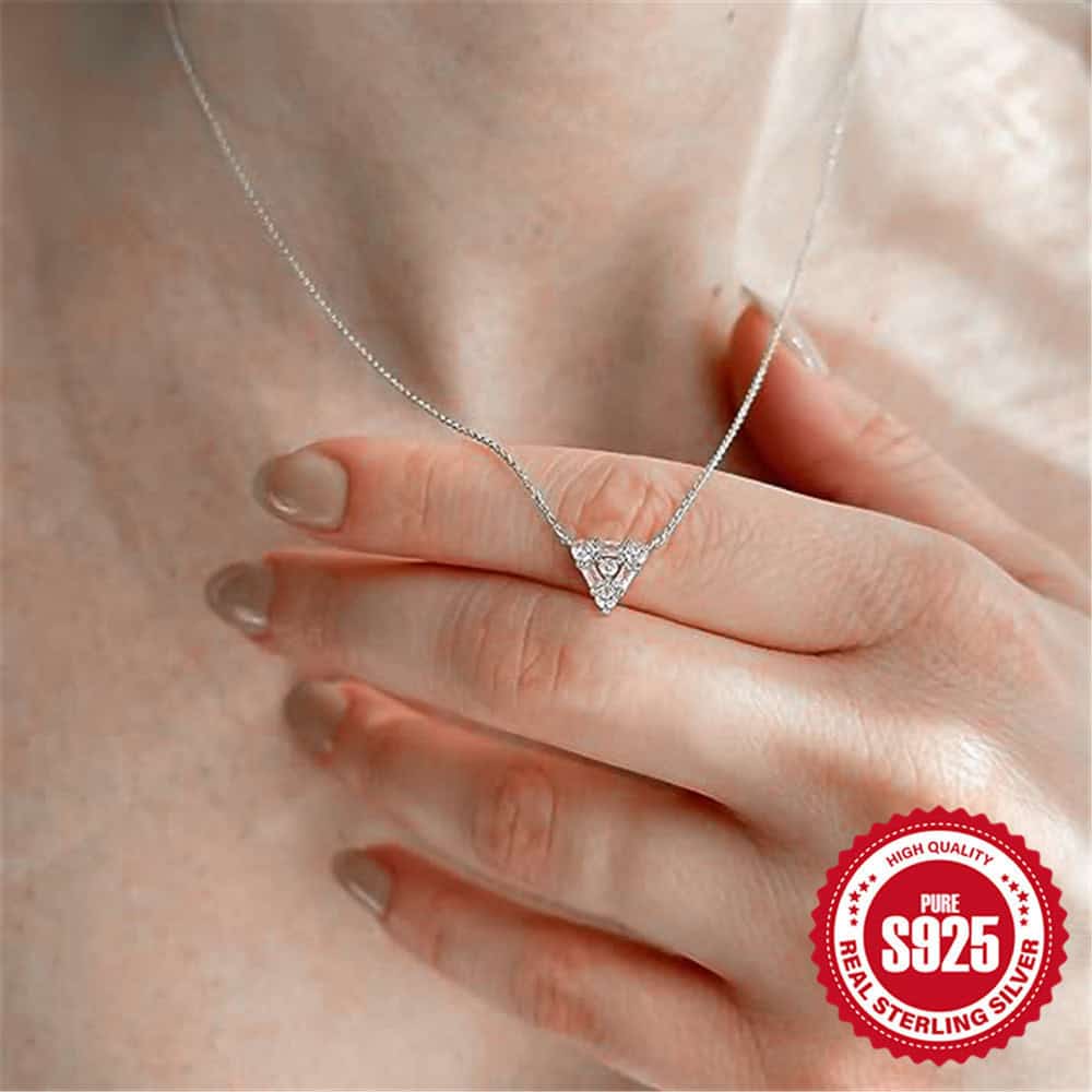 Model wearing Triangle pendant necklace silver