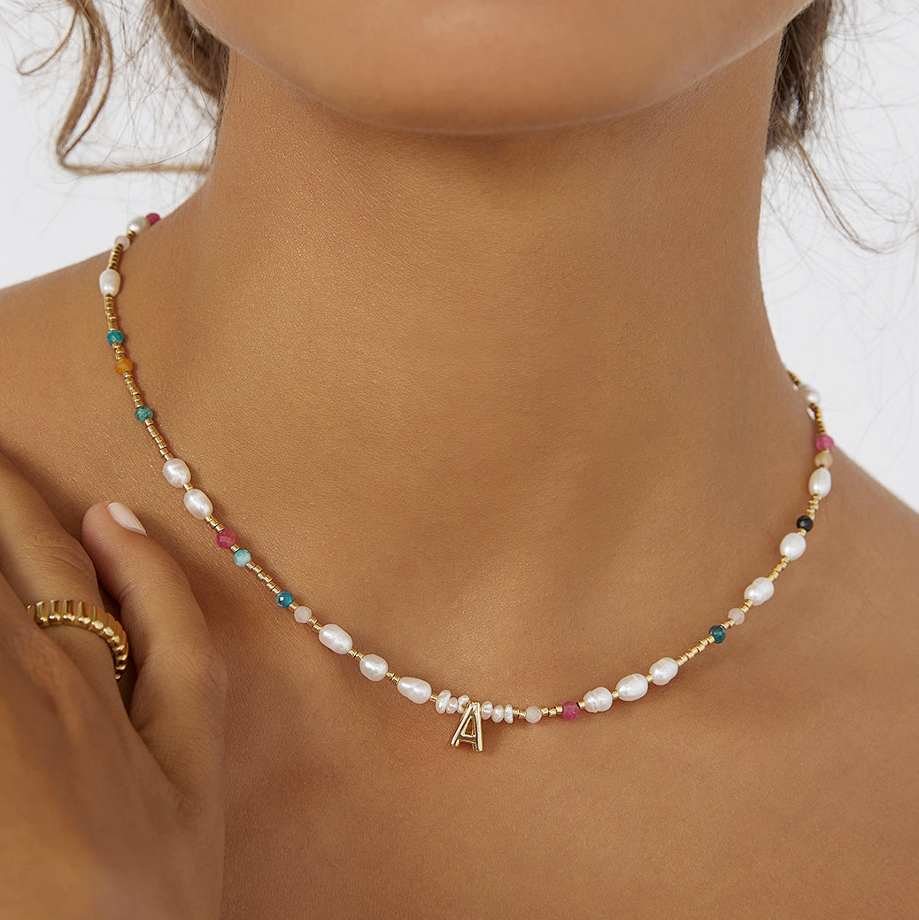 Beaded Gemstone and Pearl Initial Necklace 2