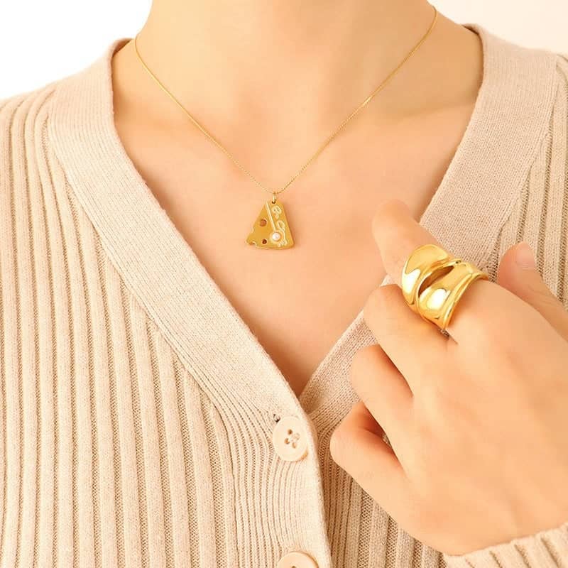 Model wearing Gold Cheese Pendant Necklace