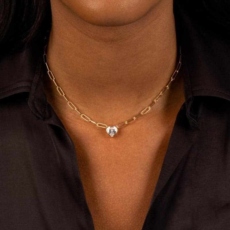 Woman wearing Diamond Heart Paperclip Necklace