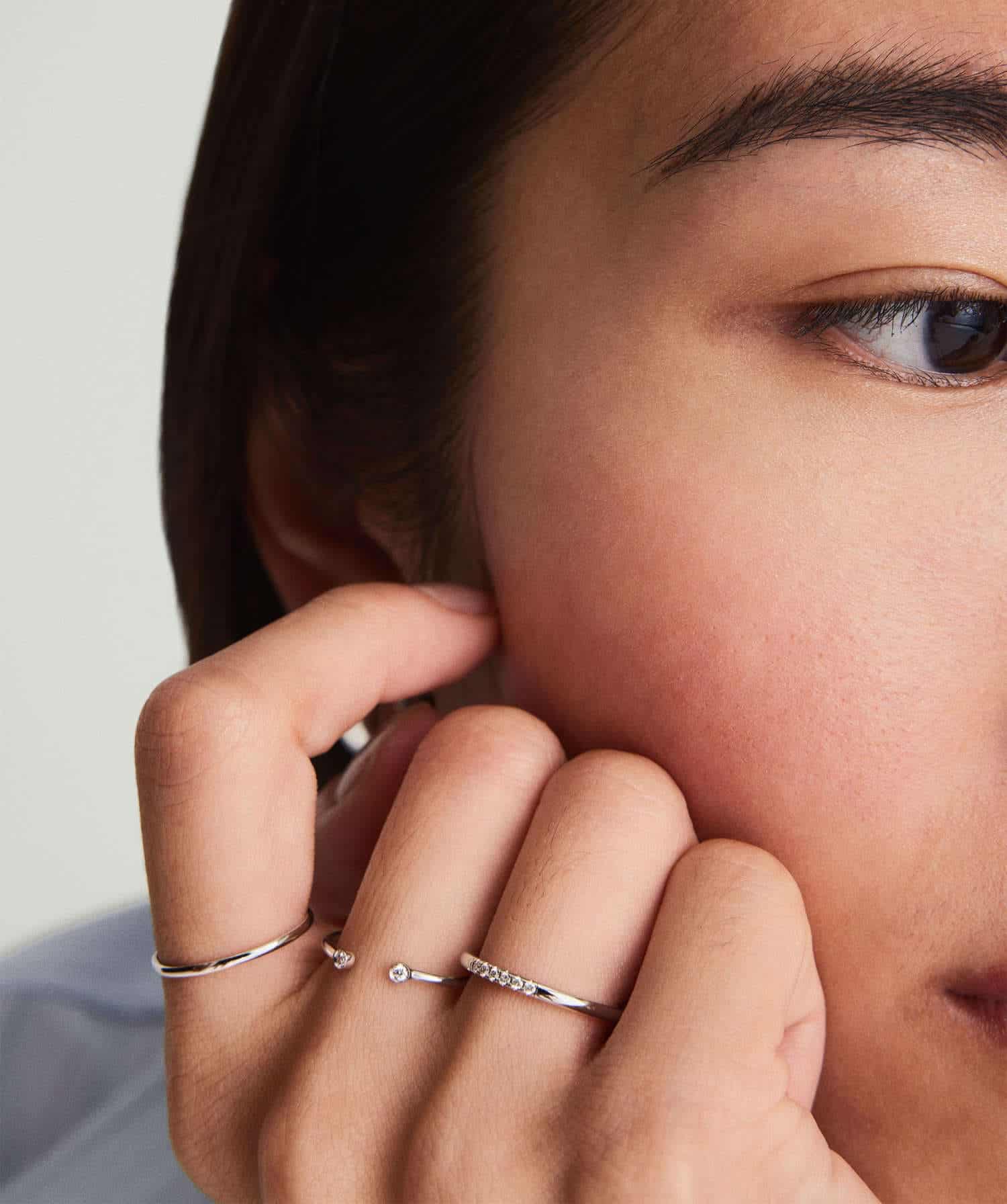 Model wearing Dainty Diamond Ring silver