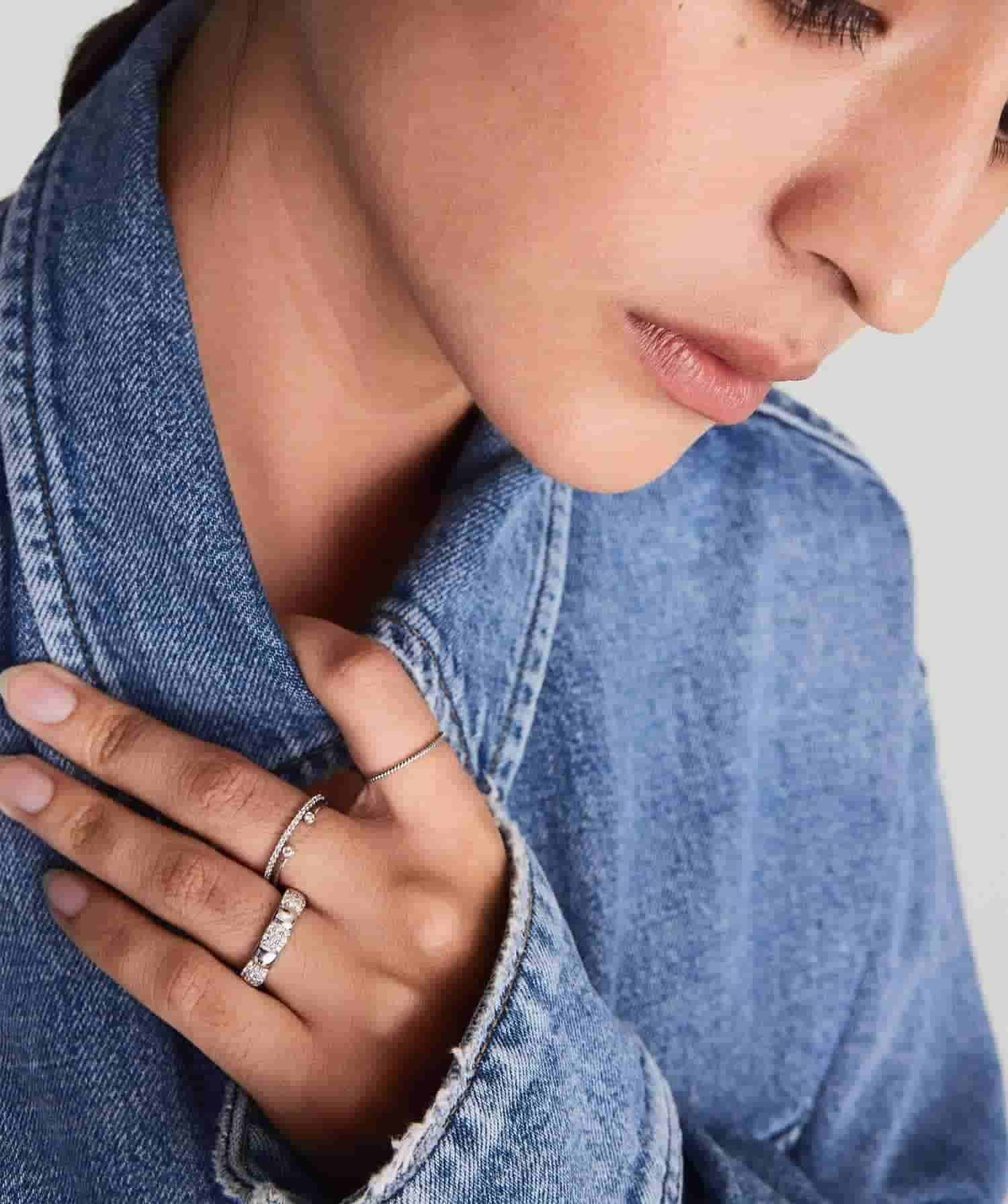 Model wearing Dainty Diamond Ring silver