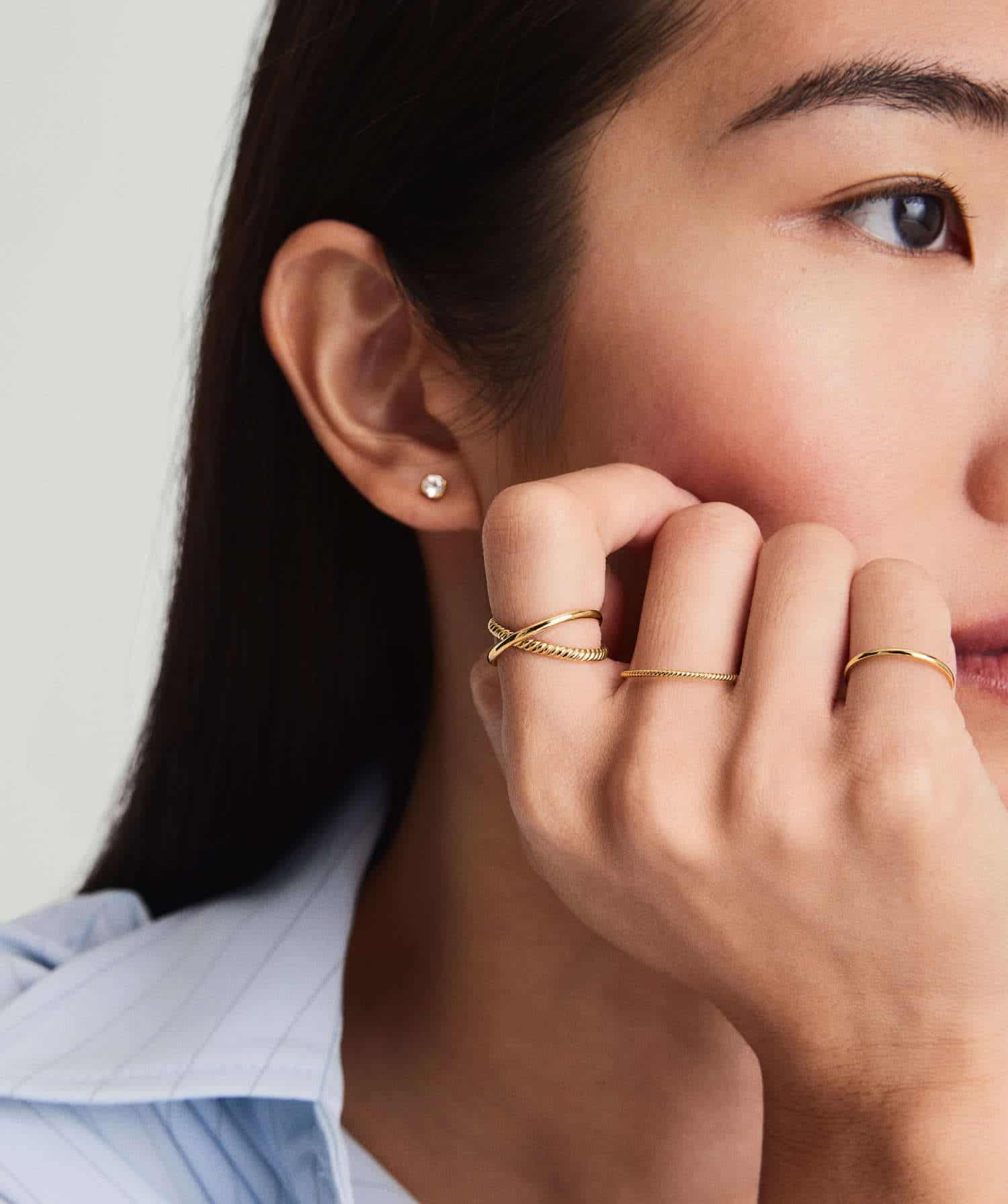 Model wearing 14k Double stacked gold ring