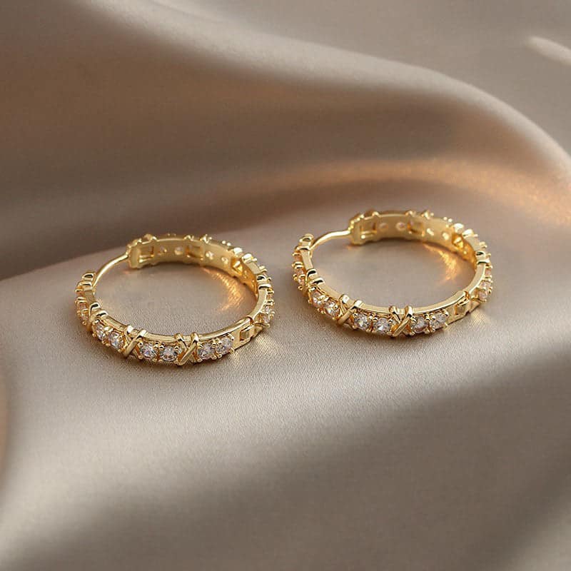 Gold Zircon Cross Hoop Earrings