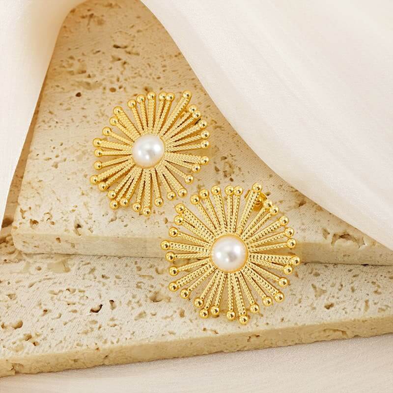 Gold Pearl Flower Earrings