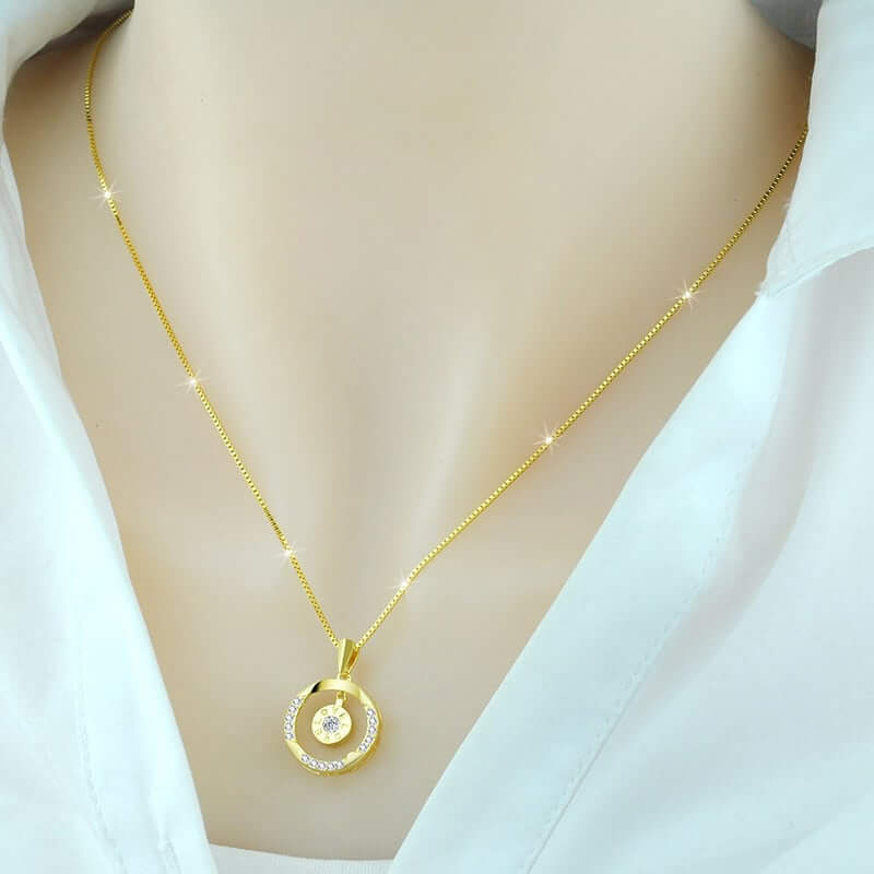 Gold Zircon Circular Pendant Necklace