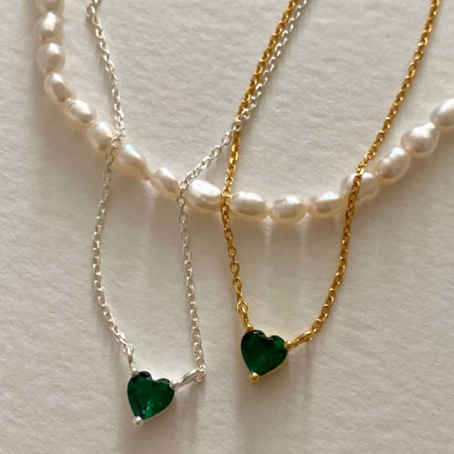 Emerald Heart Necklace Gold and Silver