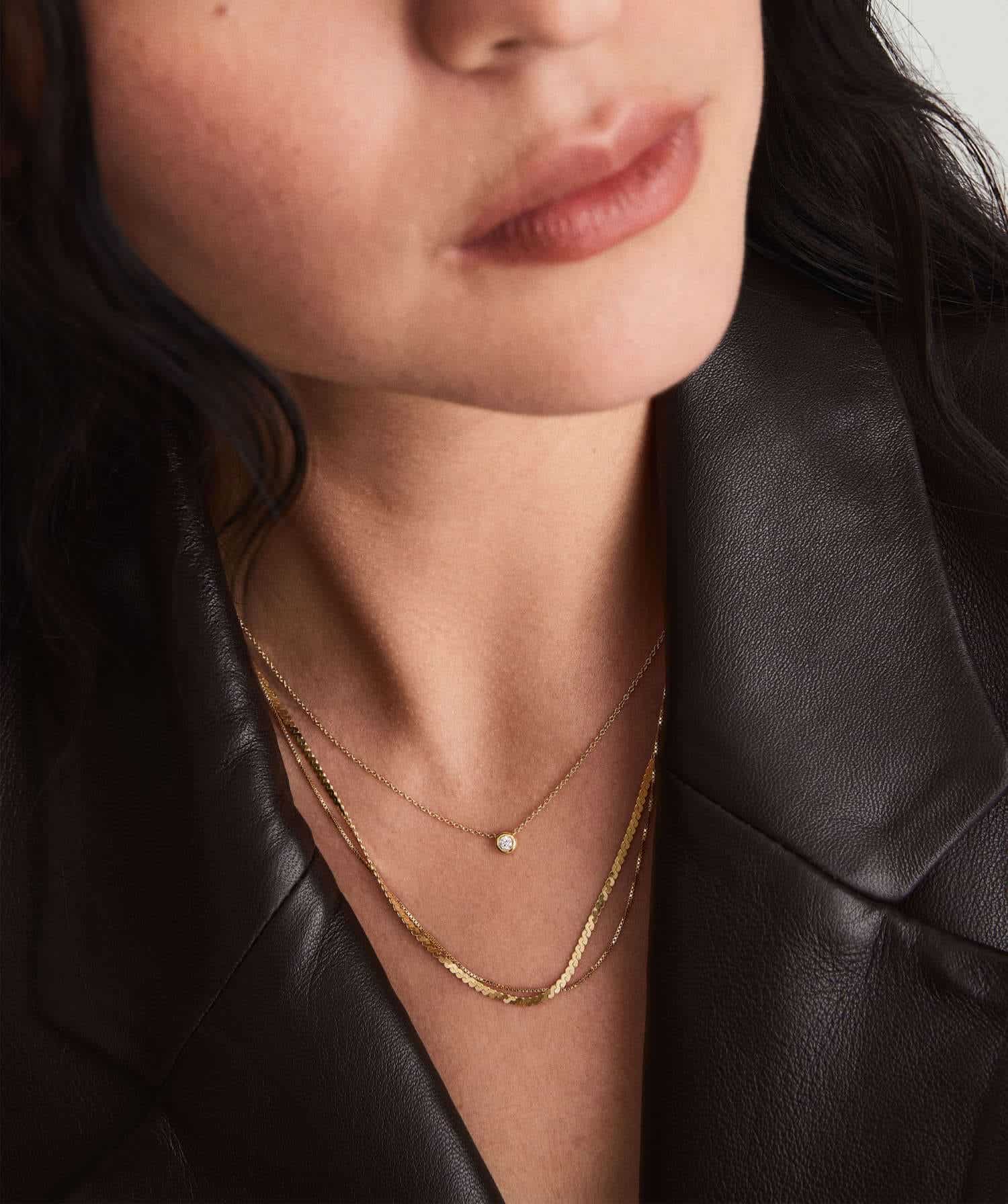 Model wearing Solo Diamond Necklace Gold