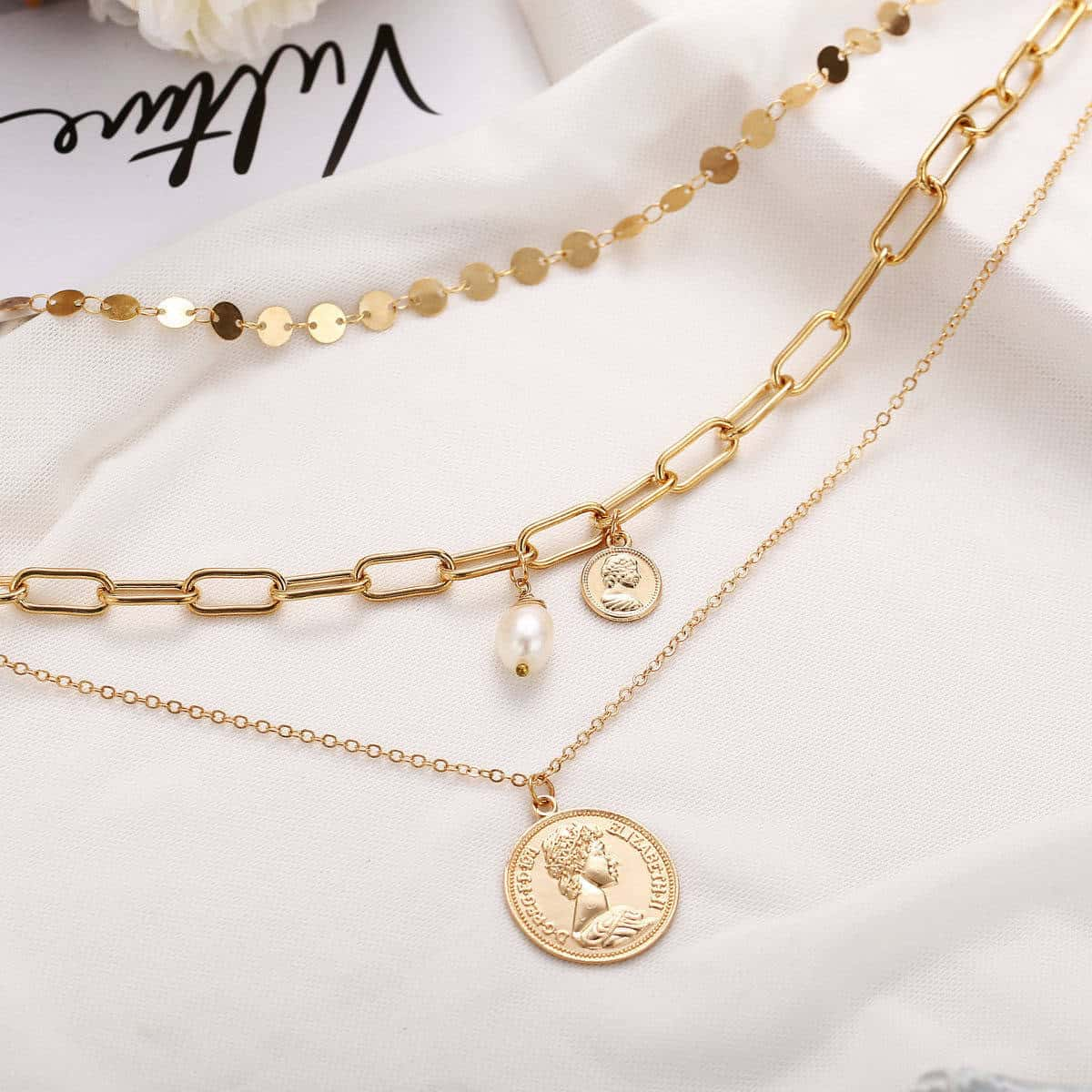 Retro Human Head Pearl Pendant Multilayer Necklace