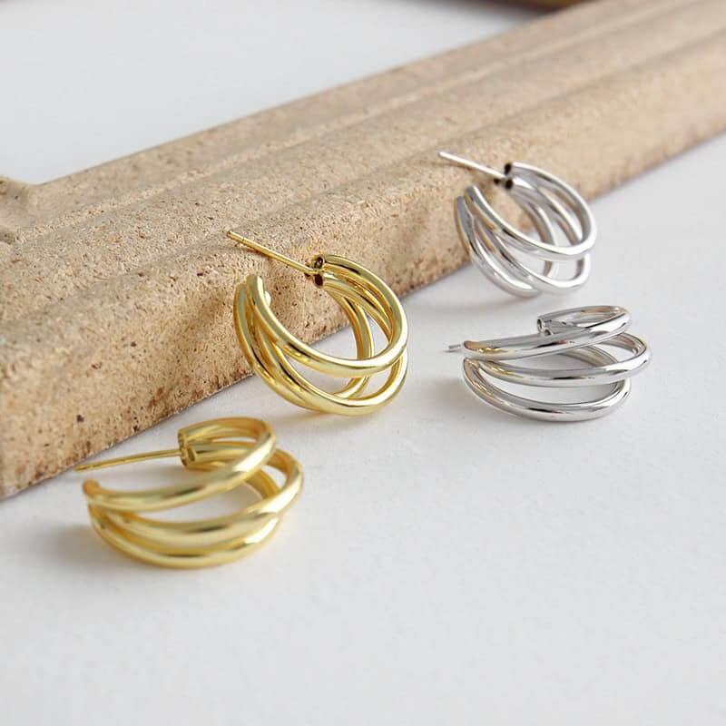 Gold and silver Tri-Layered Hoop Earrings