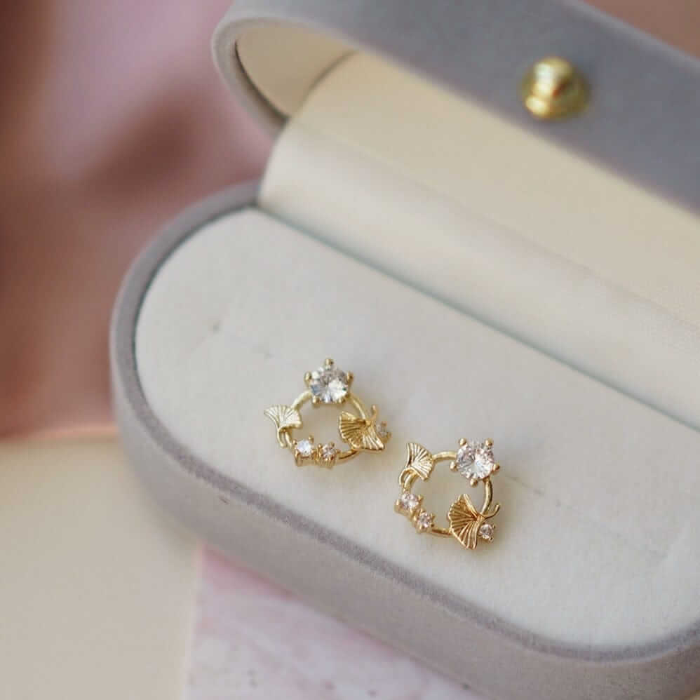 Ginkgo Leaf Crystal Stud Earrings