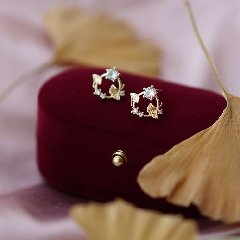 Ginkgo Leaf Crystal Stud Earrings