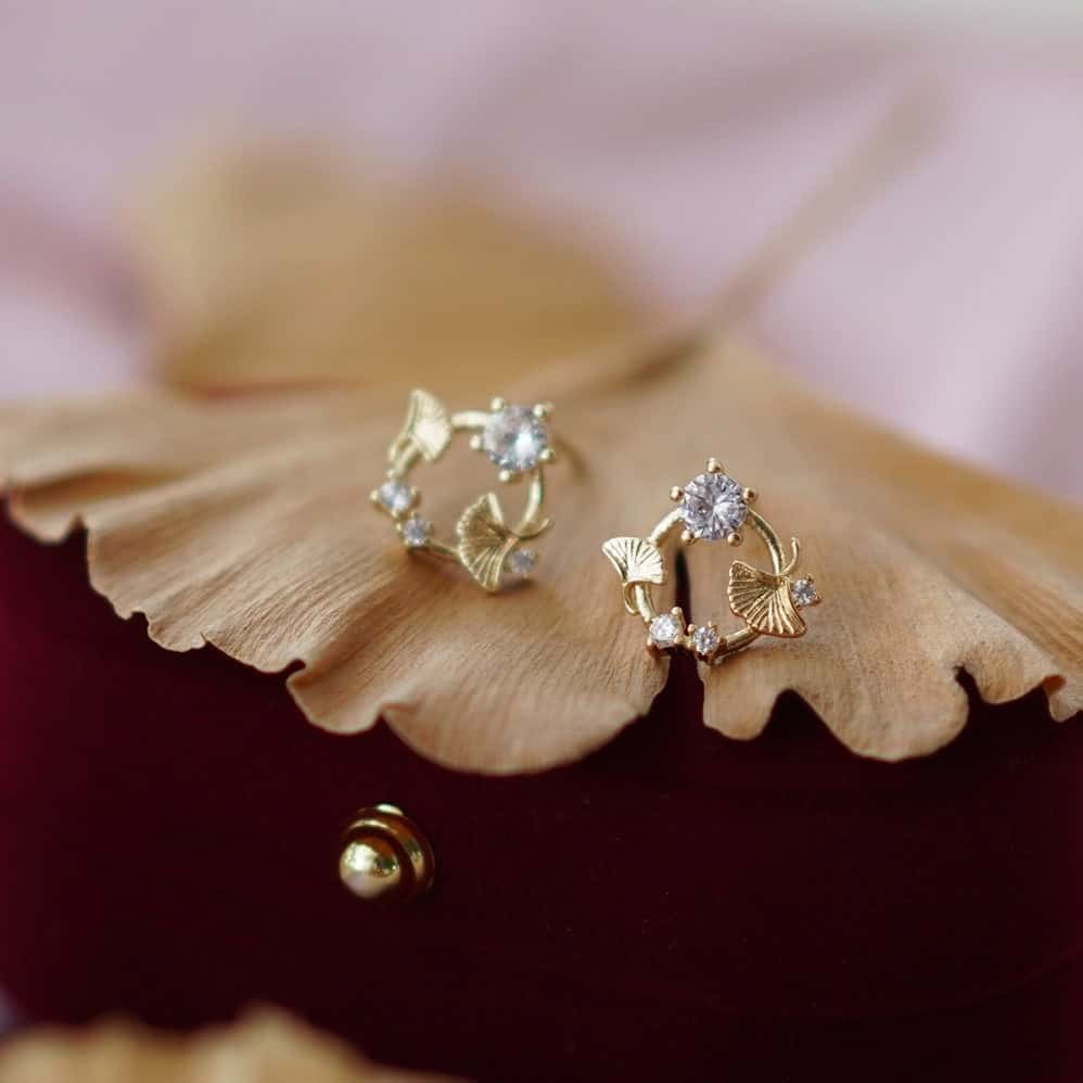 Ginkgo Leaf Crystal Stud Earrings