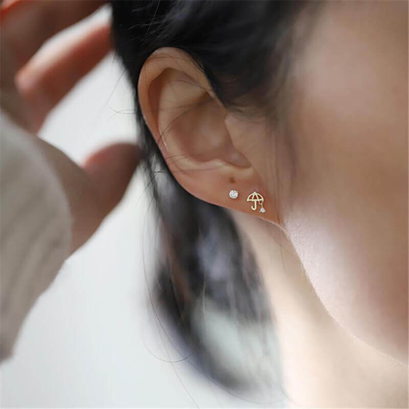 Model Wearing Umbrella Zircon Stud Earrings