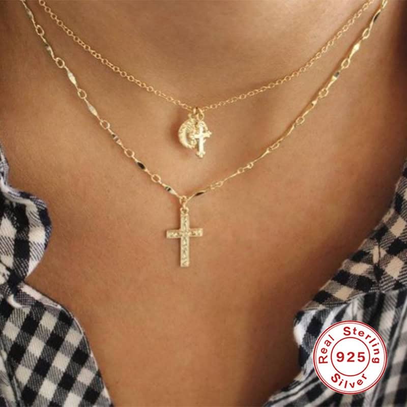 Model wearing coin gold Cross Charm Necklace