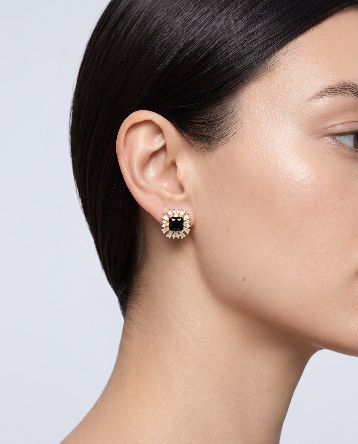 Noir Black Stone Earrings - on model