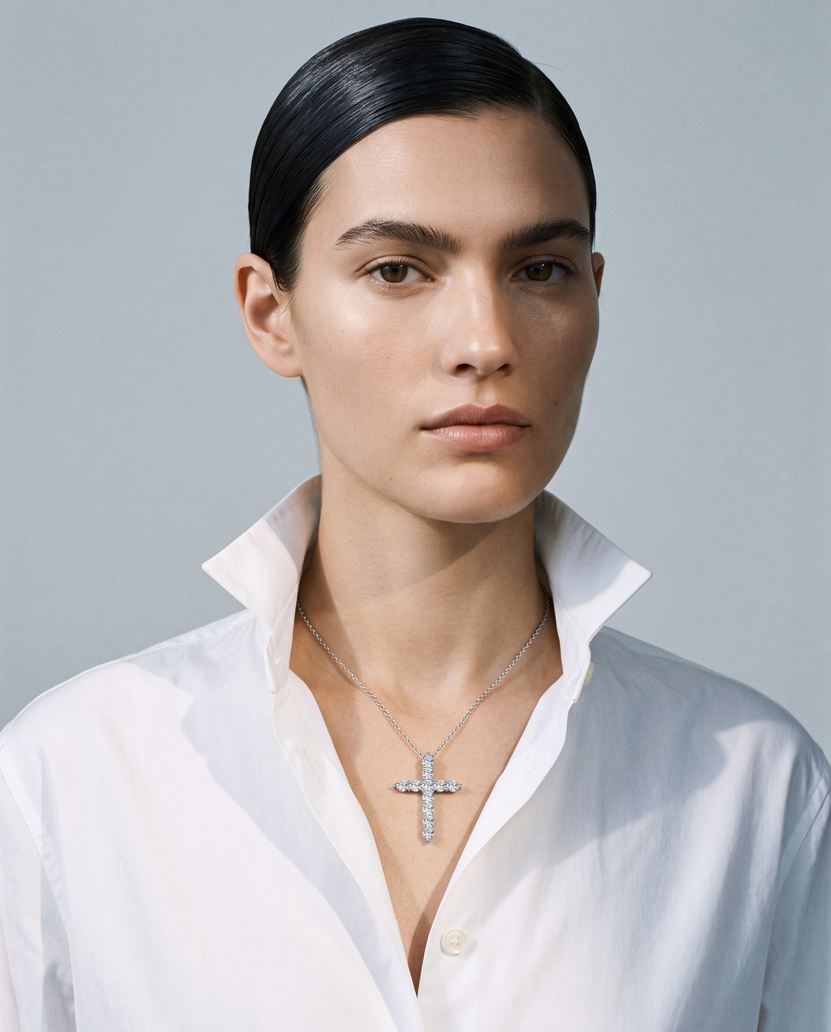 Sacred Moissanite Cross Pendant Necklace – editorial campaign image