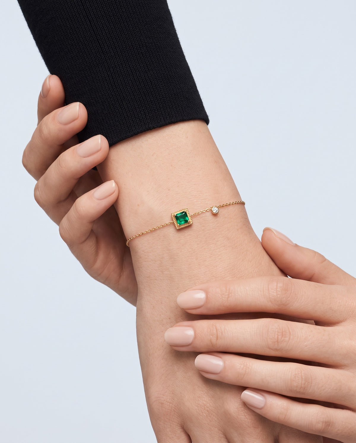 Verdant Emerald Crystal Chain Bracelet - on model