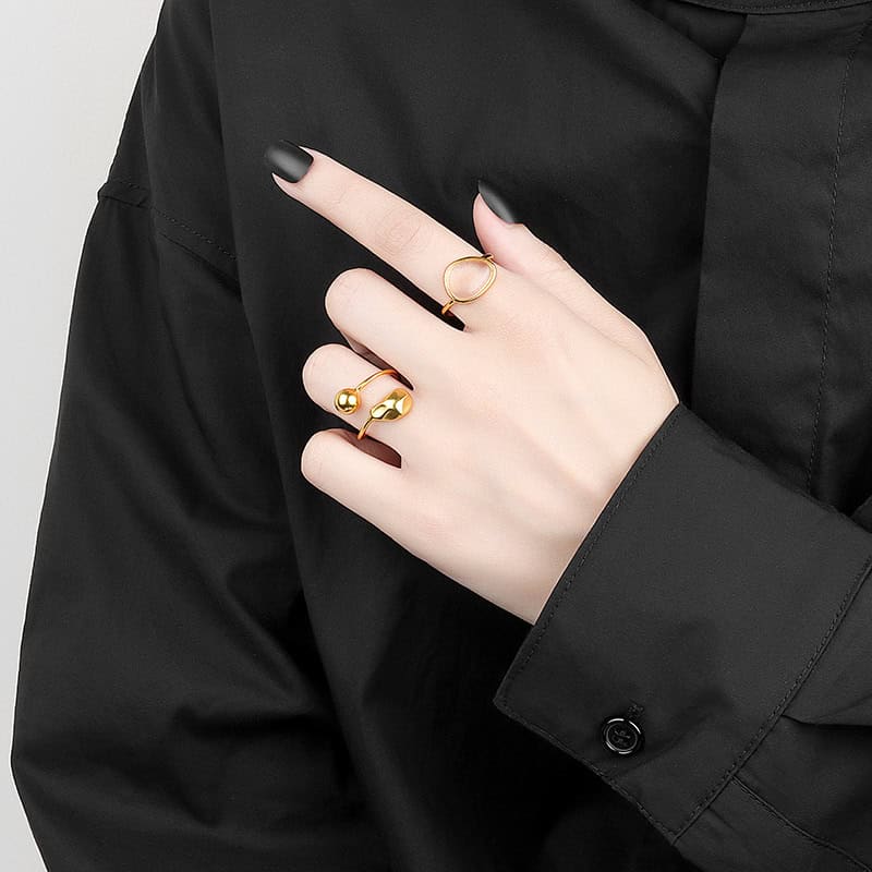 Model Wearing Geometric Gold Moonstone Ring