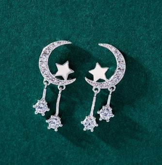 A Woman wearing Zircon Star And Moon  Earrings